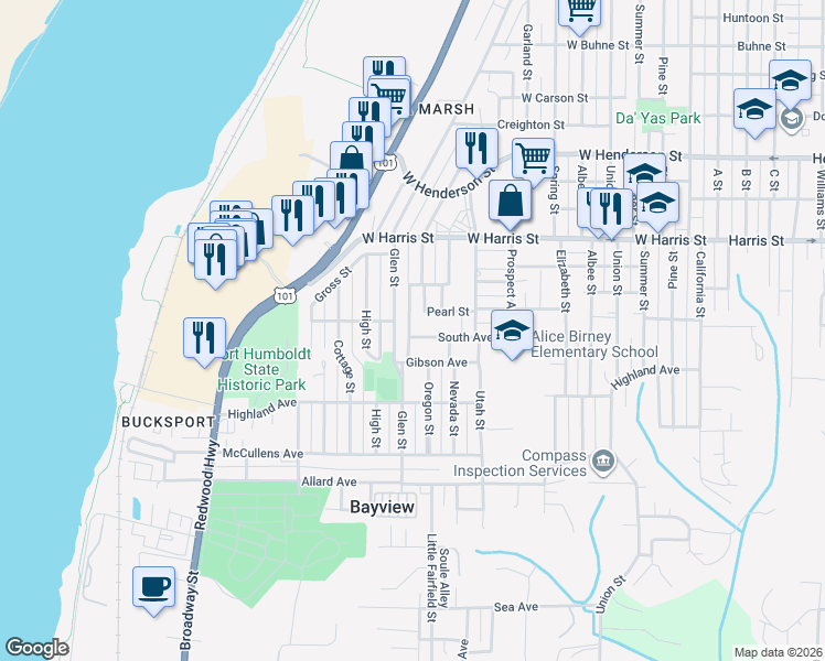 map of restaurants, bars, coffee shops, grocery stores, and more near 3311 Cleveland Street in Eureka
