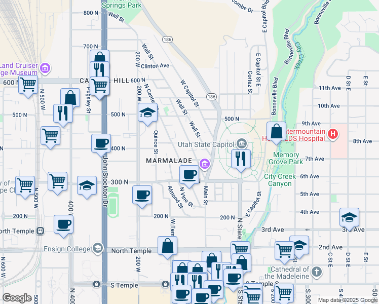 map of restaurants, bars, coffee shops, grocery stores, and more near 84 West Apricot Avenue in Salt Lake City