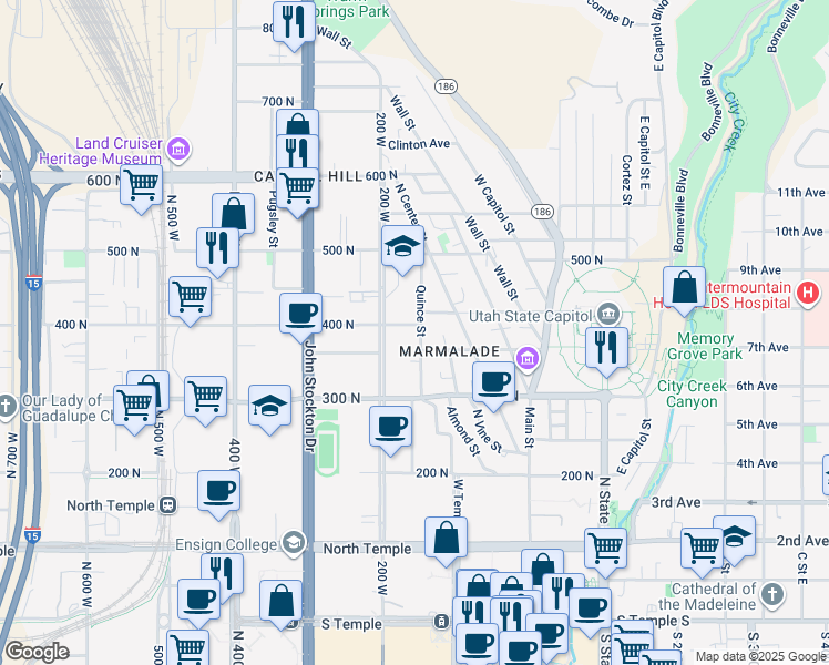 map of restaurants, bars, coffee shops, grocery stores, and more near 365 Quince Street in Salt Lake City