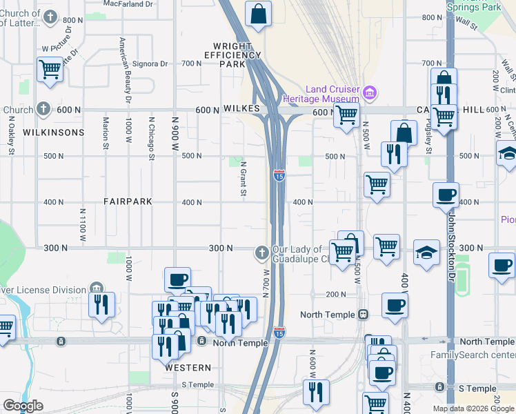 map of restaurants, bars, coffee shops, grocery stores, and more near 709 West 400 North in Salt Lake City