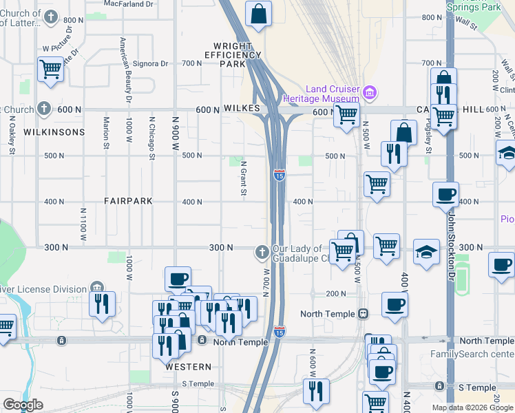 map of restaurants, bars, coffee shops, grocery stores, and more near 721 400 North in Salt Lake City