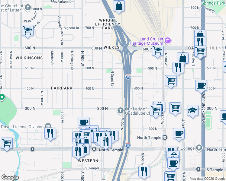 map of restaurants, bars, coffee shops, grocery stores, and more near 721 400 North in Salt Lake City