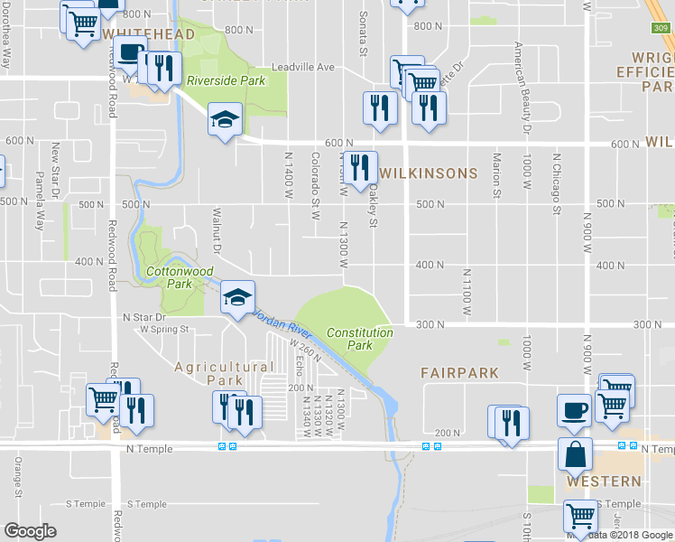 map of restaurants, bars, coffee shops, grocery stores, and more near 300 North 1300 West in Salt Lake City