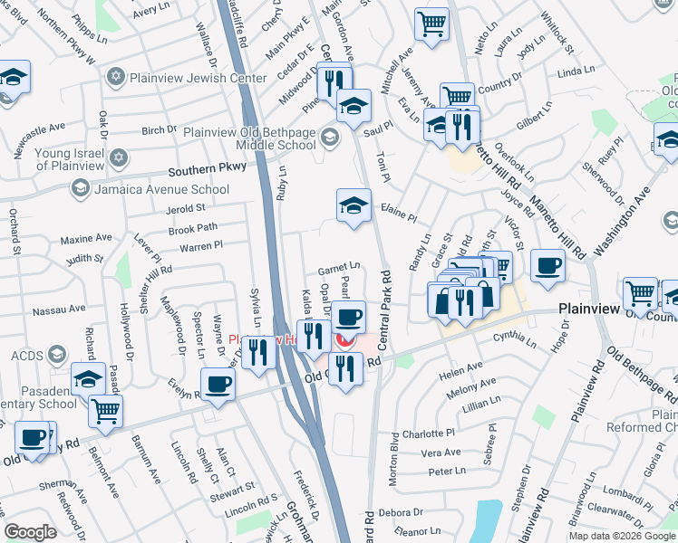 map of restaurants, bars, coffee shops, grocery stores, and more near 17 Pearl Drive in Plainview