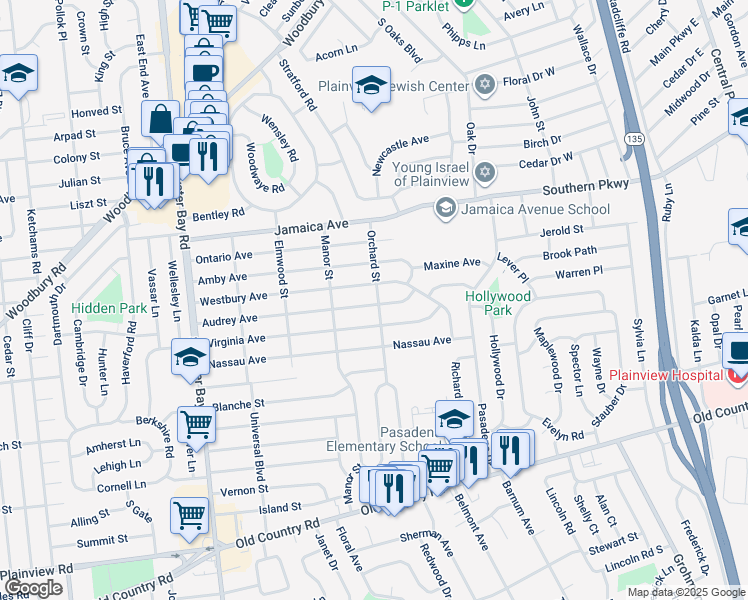 map of restaurants, bars, coffee shops, grocery stores, and more near 79 Audrey Avenue in Plainview