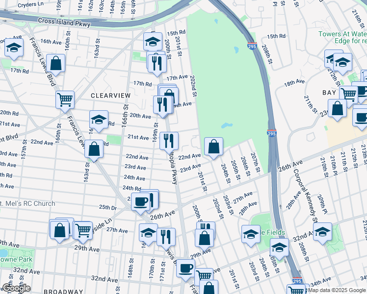 map of restaurants, bars, coffee shops, grocery stores, and more near 199-27 22nd Avenue in Queens