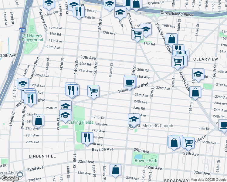 map of restaurants, bars, coffee shops, grocery stores, and more near 151-10 Willets Point Boulevard in Queens