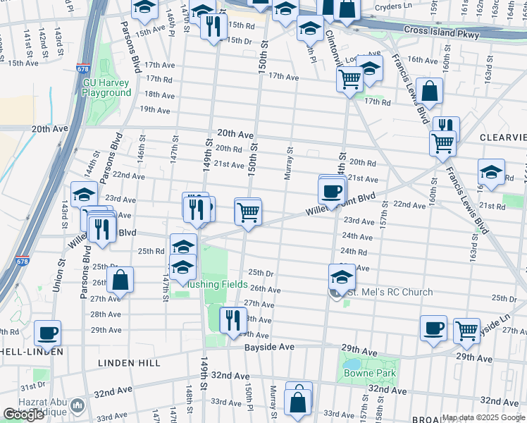 map of restaurants, bars, coffee shops, grocery stores, and more near 150-28 23rd Avenue in Queens