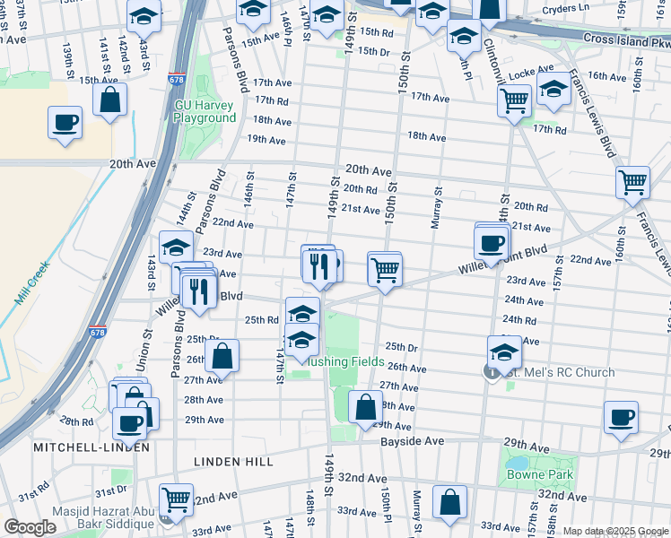 map of restaurants, bars, coffee shops, grocery stores, and more near 149-23 24th Avenue in Queens