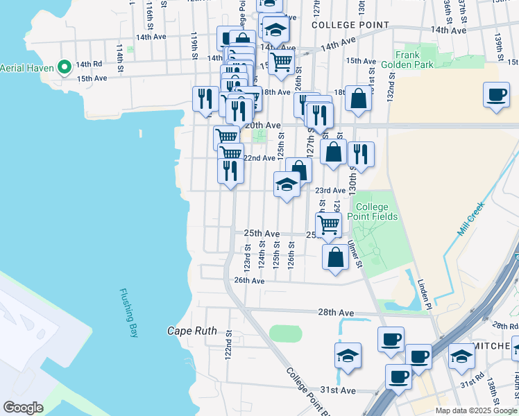 map of restaurants, bars, coffee shops, grocery stores, and more near 23-37 123rd Street in Queens