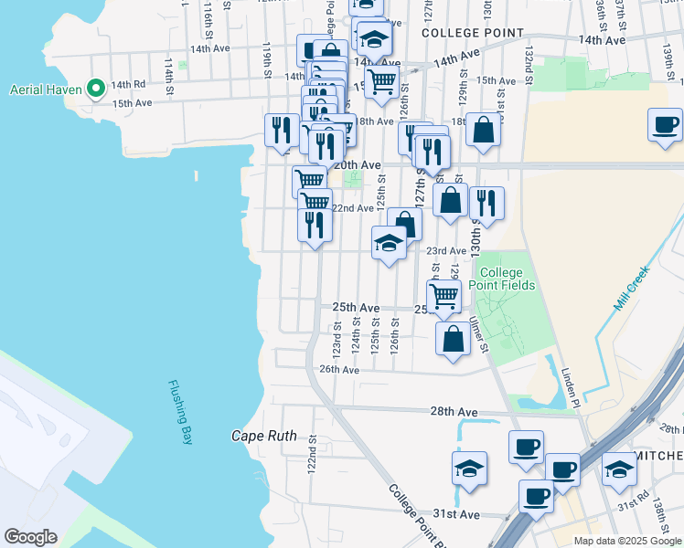 map of restaurants, bars, coffee shops, grocery stores, and more near 23-37 123rd Street in Queens