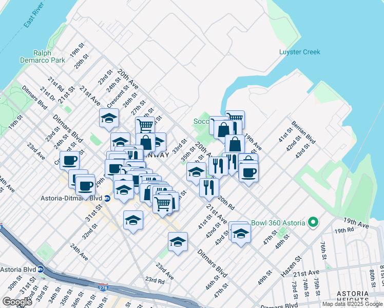 map of restaurants, bars, coffee shops, grocery stores, and more near 20-28 36th Street in Queens