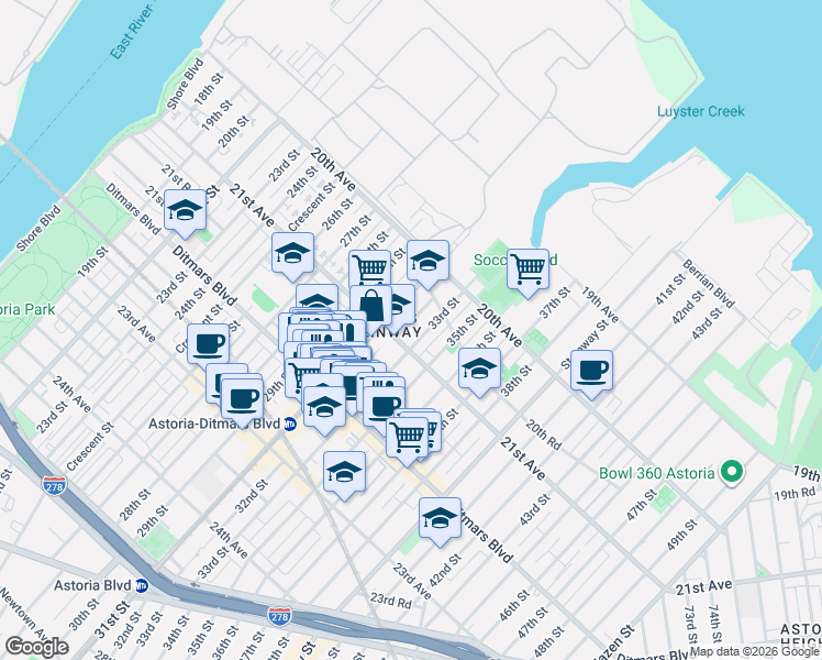 map of restaurants, bars, coffee shops, grocery stores, and more near in Queens
