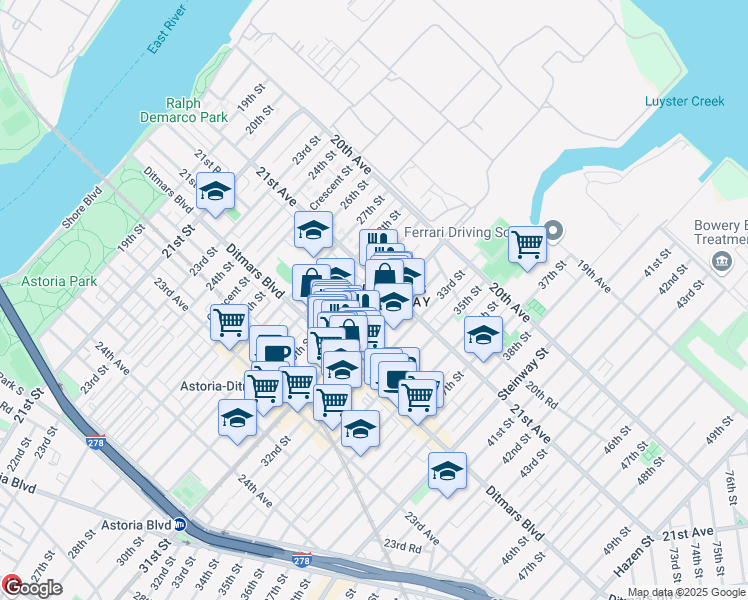 map of restaurants, bars, coffee shops, grocery stores, and more near 21-38 31st Street in Queens