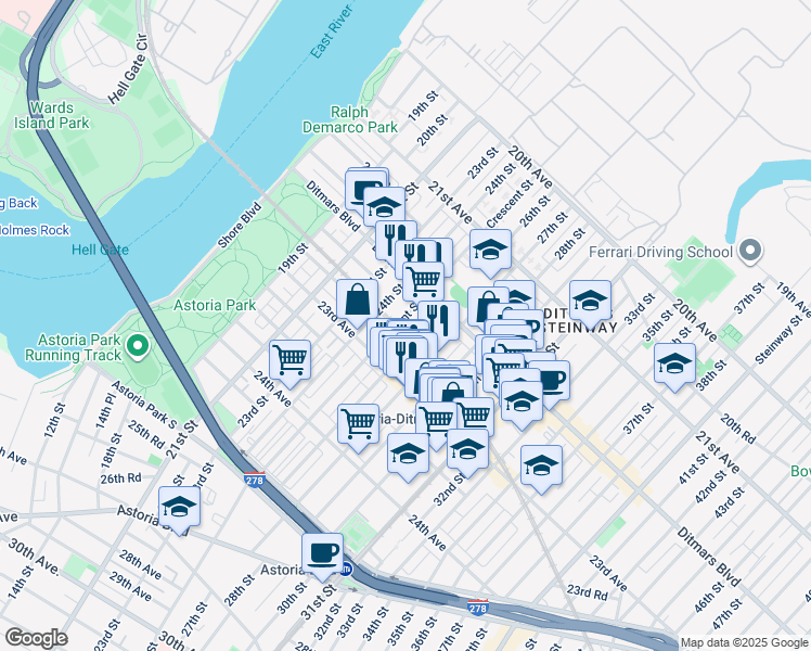 map of restaurants, bars, coffee shops, grocery stores, and more near 22-53 Crescent Street in Queens