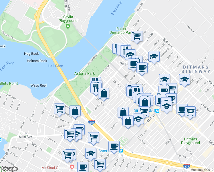 map of restaurants, bars, coffee shops, grocery stores, and more near 23-45 21st Street in Queens