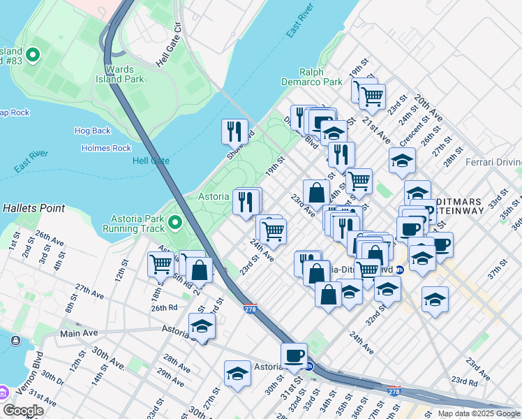map of restaurants, bars, coffee shops, grocery stores, and more near 23-45 21st Street in Queens