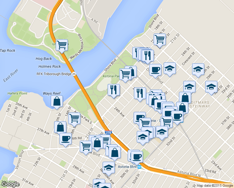 map of restaurants, bars, coffee shops, grocery stores, and more near 19-19 23rd Terrace in Queens