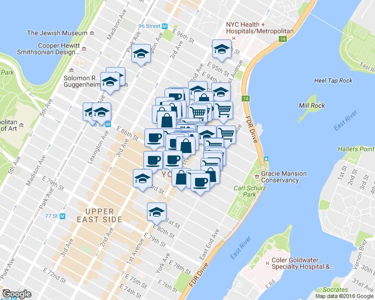 map of restaurants, bars, coffee shops, grocery stores, and more near 1689 1st Avenue in New York