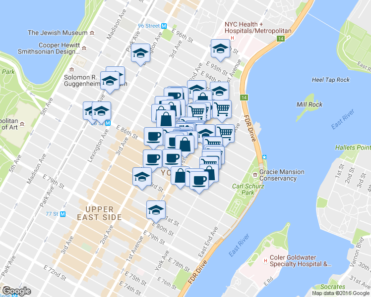 map of restaurants, bars, coffee shops, grocery stores, and more near 1689 1st Avenue in New York