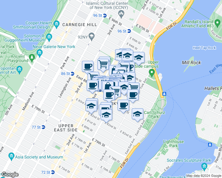 map of restaurants, bars, coffee shops, grocery stores, and more near 1661 1st Avenue in New York