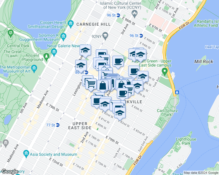 map of restaurants, bars, coffee shops, grocery stores, and more near 304 East 86th Street in New York