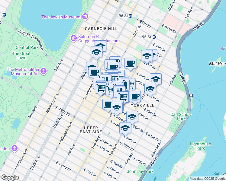 map of restaurants, bars, coffee shops, grocery stores, and more near 229 East 85th Street in New York