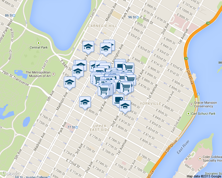 map of restaurants, bars, coffee shops, grocery stores, and more near 1517 3rd Avenue in New York