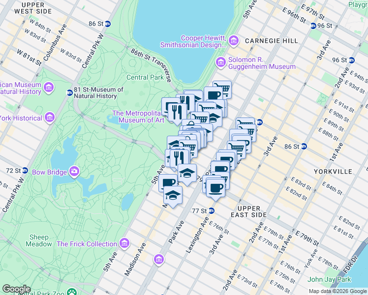 map of restaurants, bars, coffee shops, grocery stores, and more near 6 East 80th Street in New York