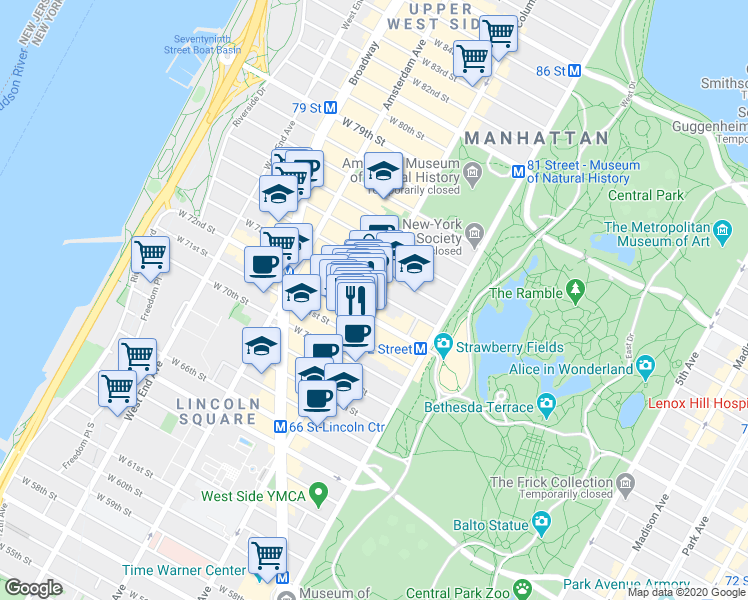 map of restaurants, bars, coffee shops, grocery stores, and more near 53 West 72nd Street in New York