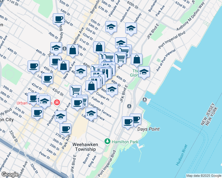 map of restaurants, bars, coffee shops, grocery stores, and more near 56 46th Street in Weehawken