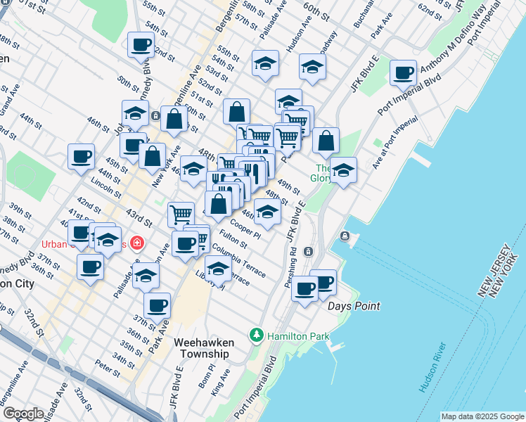 map of restaurants, bars, coffee shops, grocery stores, and more near 56 46th Street in Weehawken