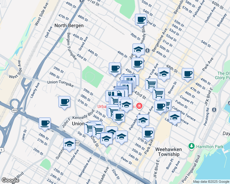 map of restaurants, bars, coffee shops, grocery stores, and more near 524 41st Street in Union City
