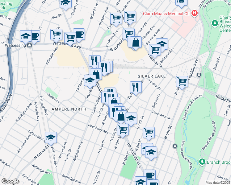 map of restaurants, bars, coffee shops, grocery stores, and more near 25 Columbus Street in Bloomfield