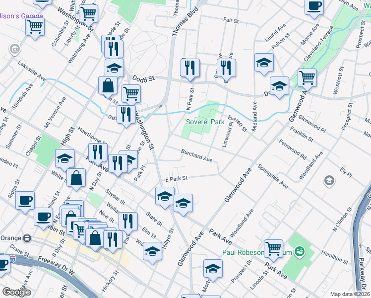 map of restaurants, bars, coffee shops, grocery stores, and more near 99 Burchard Avenue in East Orange