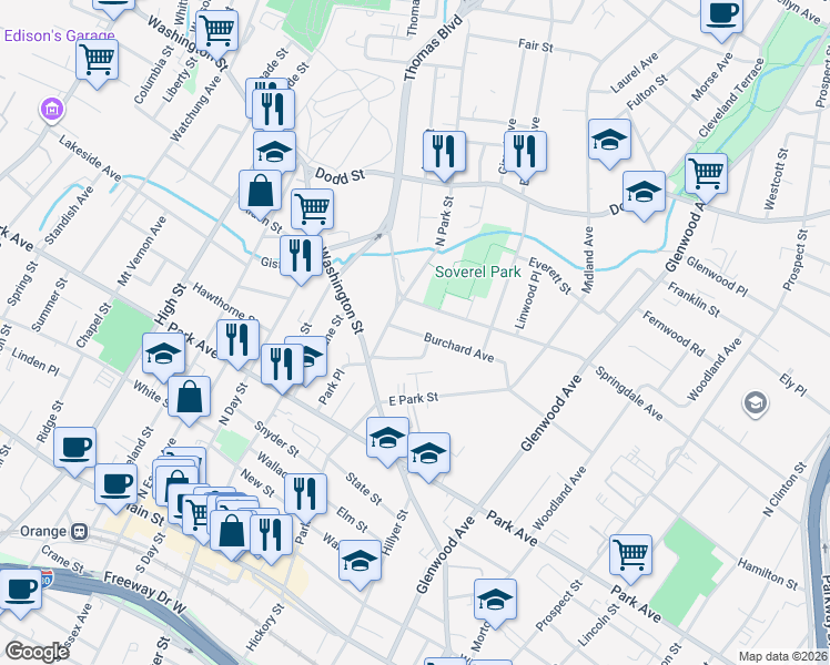 map of restaurants, bars, coffee shops, grocery stores, and more near 99 Burchard Avenue in East Orange