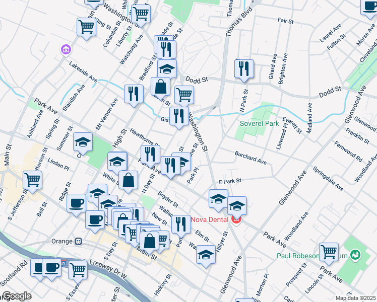 map of restaurants, bars, coffee shops, grocery stores, and more near 237 Park Place in City of Orange