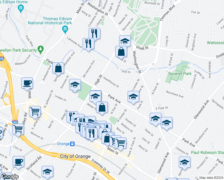map of restaurants, bars, coffee shops, grocery stores, and more near 339 Park Avenue in City of Orange