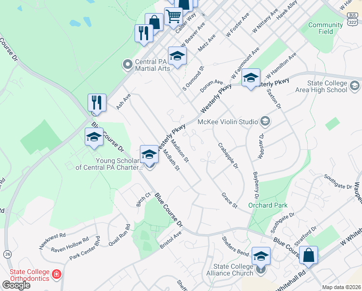 map of restaurants, bars, coffee shops, grocery stores, and more near 300-354 Madison St in State College