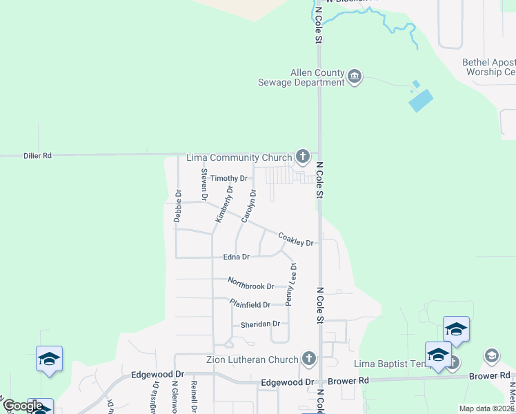 map of restaurants, bars, coffee shops, grocery stores, and more near 2706 Carolyn Dr in Elida