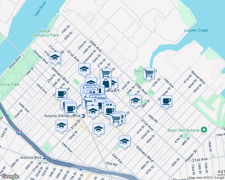 map of restaurants, bars, coffee shops, grocery stores, and more near 31-19 21st Avenue in Queens