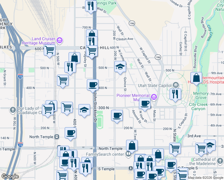map of restaurants, bars, coffee shops, grocery stores, and more near 377 North 200 West in Salt Lake City