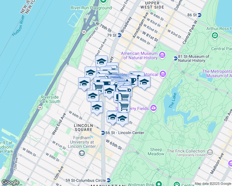 map of restaurants, bars, coffee shops, grocery stores, and more near 140 West 72nd Street in New York