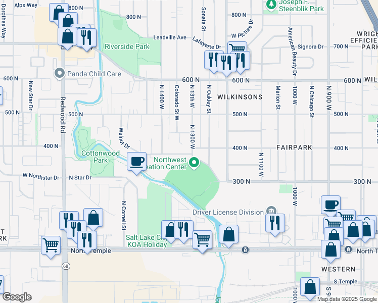 map of restaurants, bars, coffee shops, grocery stores, and more near 385 North 1300 West in Salt Lake City