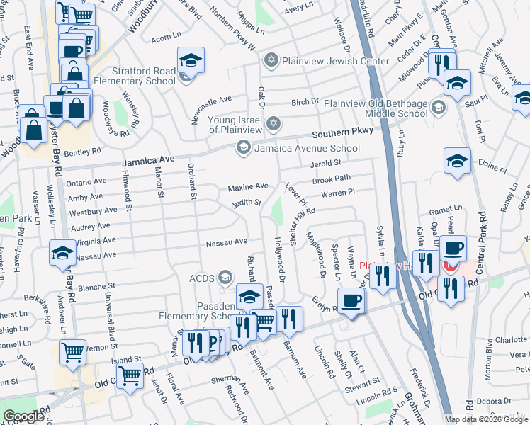 map of restaurants, bars, coffee shops, grocery stores, and more near 56 Pasadena Drive in Plainview