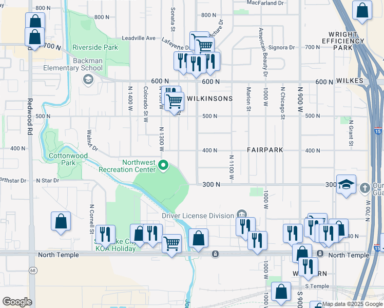 map of restaurants, bars, coffee shops, grocery stores, and more near 385 North 1200 West in Salt Lake City