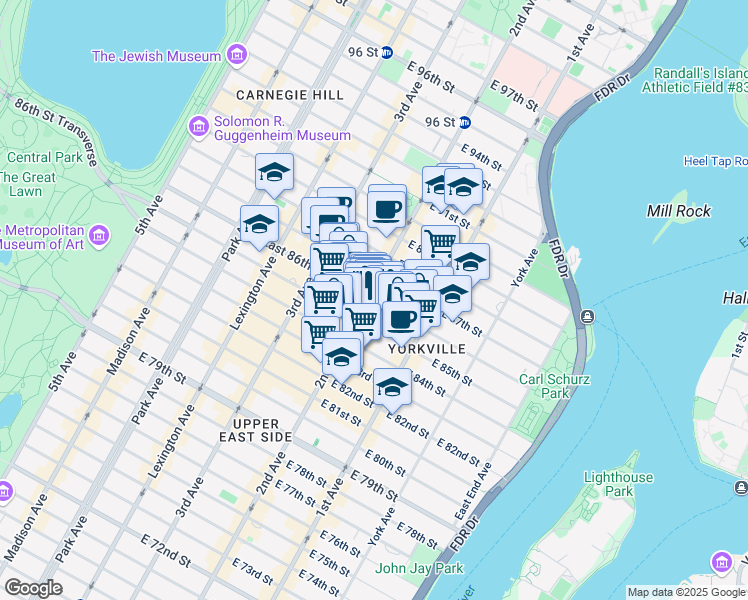 map of restaurants, bars, coffee shops, grocery stores, and more near 304 East 86th Street in New York