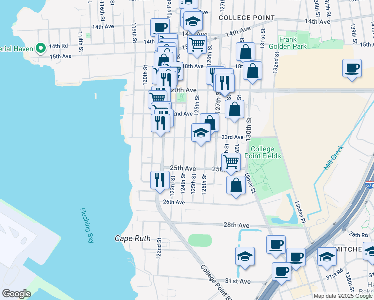map of restaurants, bars, coffee shops, grocery stores, and more near 23-25 124th Street in Queens