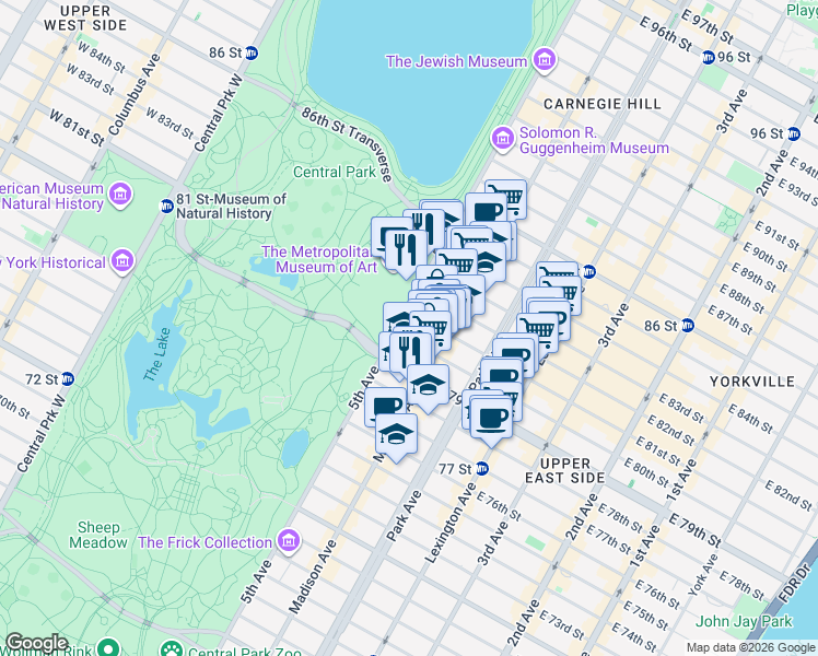 map of restaurants, bars, coffee shops, grocery stores, and more near 6 East 80th Street in New York