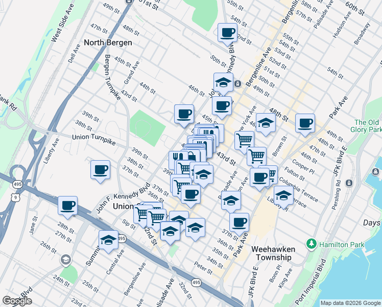 map of restaurants, bars, coffee shops, grocery stores, and more near 524 41st Street in Union City